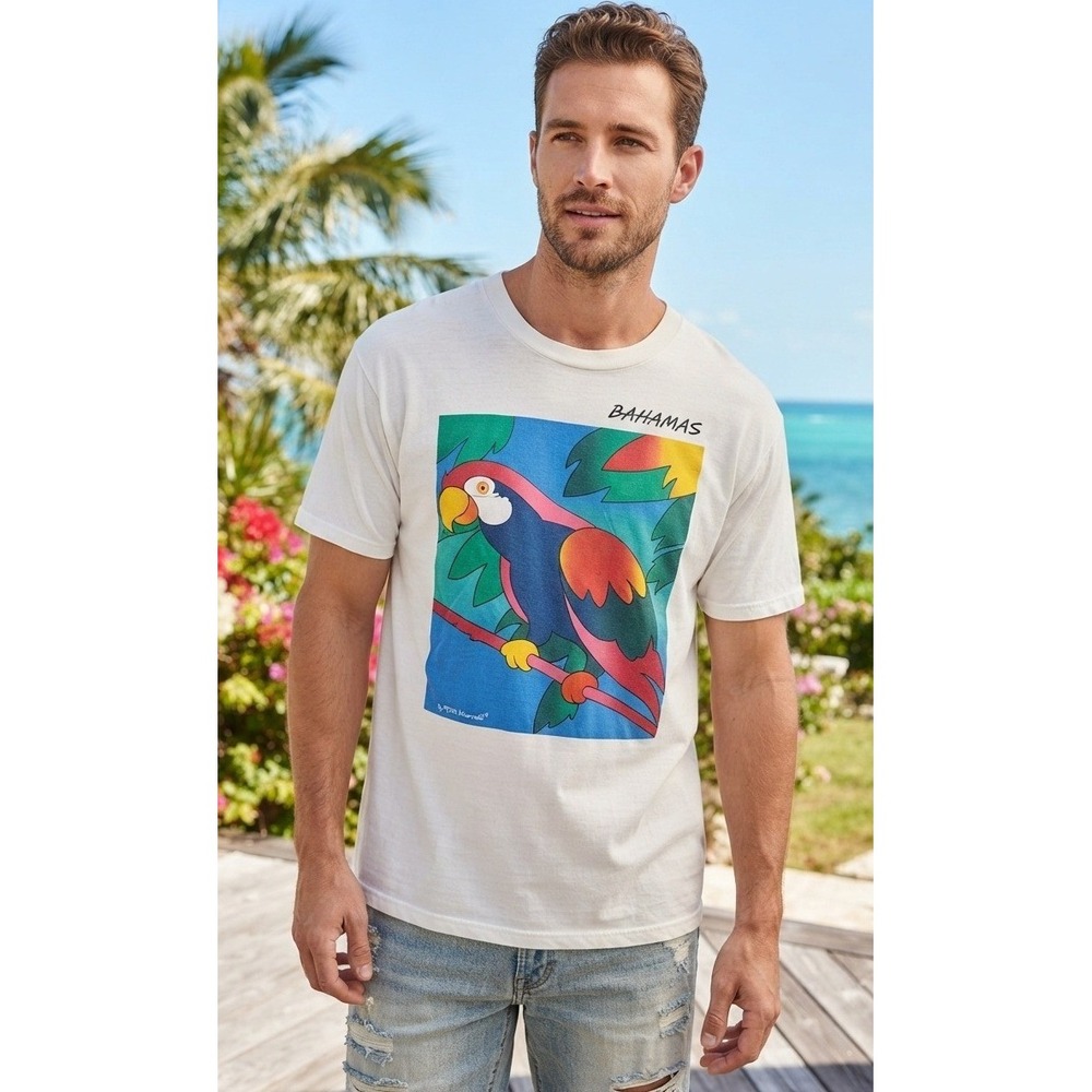 Vintage Peter Max Unisex T-Shirt Bahamas Parrot Graphic XXL White Cotton Casual